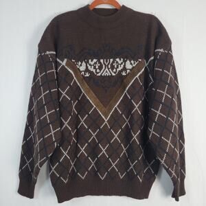 Vintage Wool Blend Crew Neck Sweater sz XL brown diamond pattern leather detail